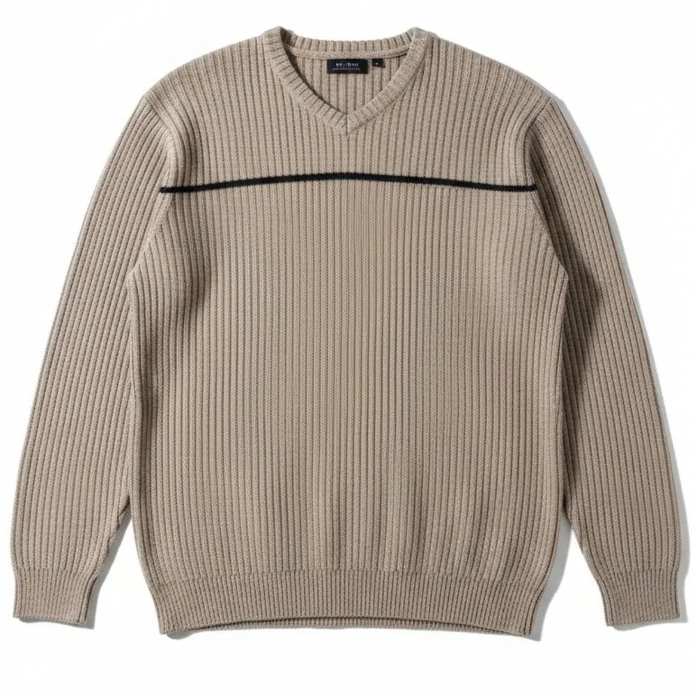 Axcess Liz Claiborne Brown Ribbed V-Neck Sweater, Black Chest Stripe Men's Large